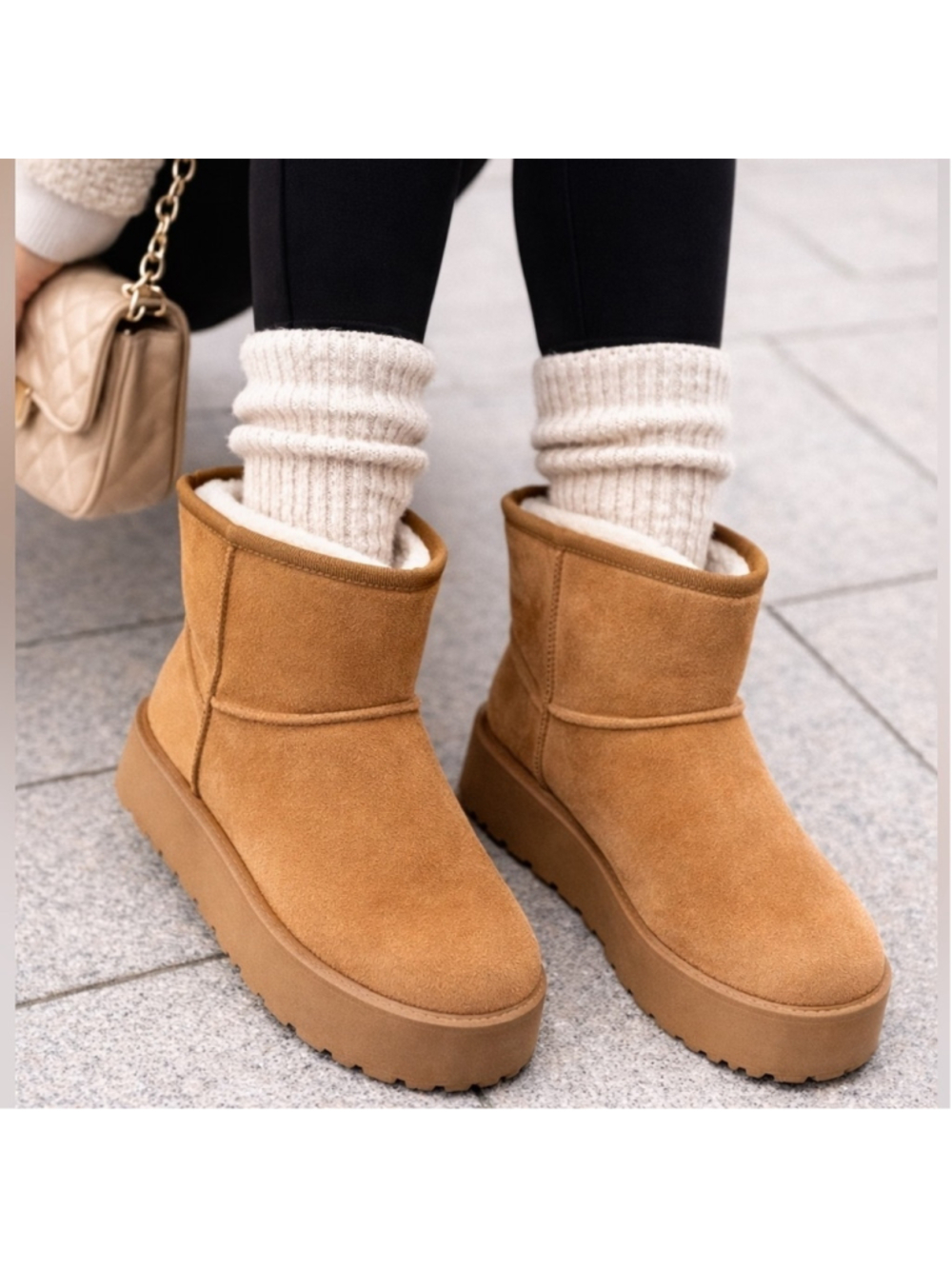 Women's Furry Faux Suede Ankle Platform Booties Tan Size 7 New